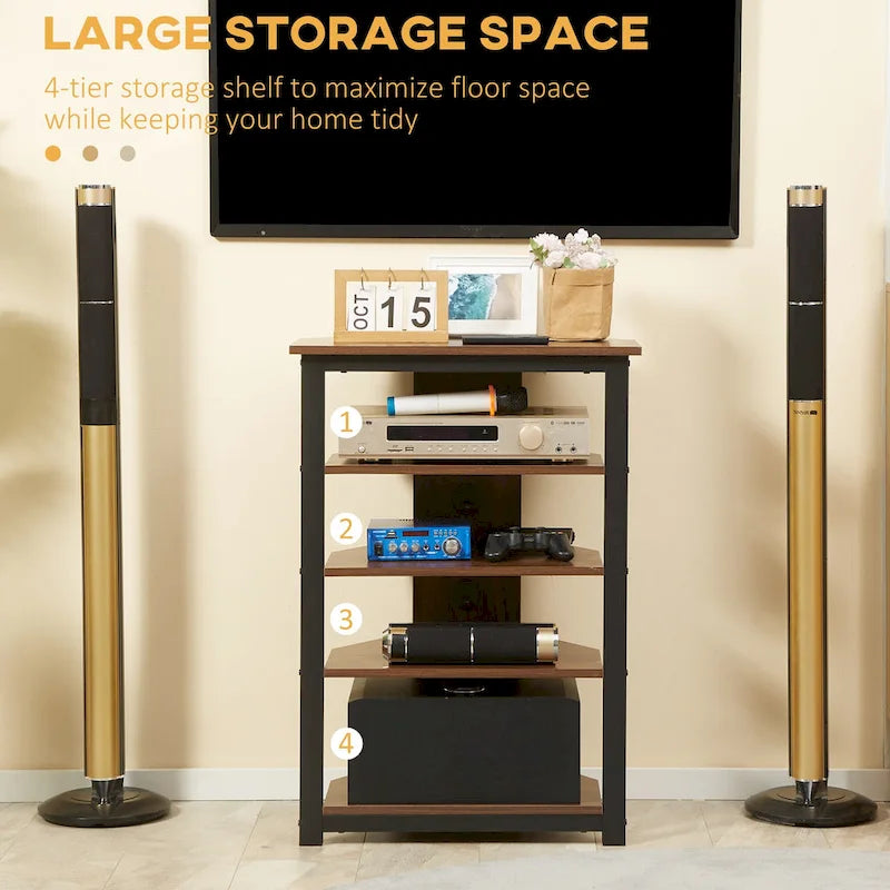 Mobile TV angolare marrone con 4 ripiani e struttura in acciaio