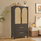 Armadio con cassetti e asta appendiabiti in rattan bianco/nero – Singolo