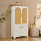 Armadio con cassetti e asta appendiabiti in rattan bianco/nero – Singolo