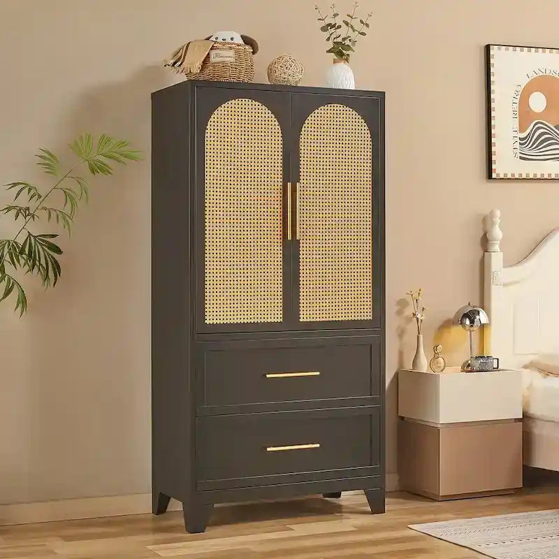 Armadio con cassetti e asta appendiabiti in rattan bianco/nero – Singolo