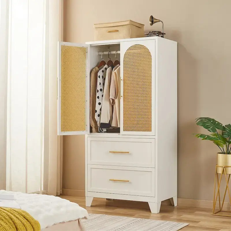 Armadio con cassetti e asta appendiabiti in rattan bianco/nero – Singolo