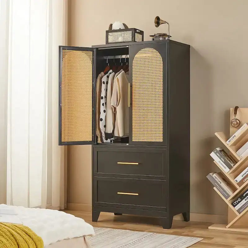 Armadio con cassetti e asta appendiabiti in rattan bianco/nero – Singolo