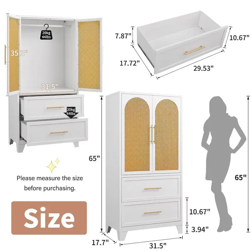 Armadio con cassetti e asta appendiabiti in rattan bianco/nero – Singolo