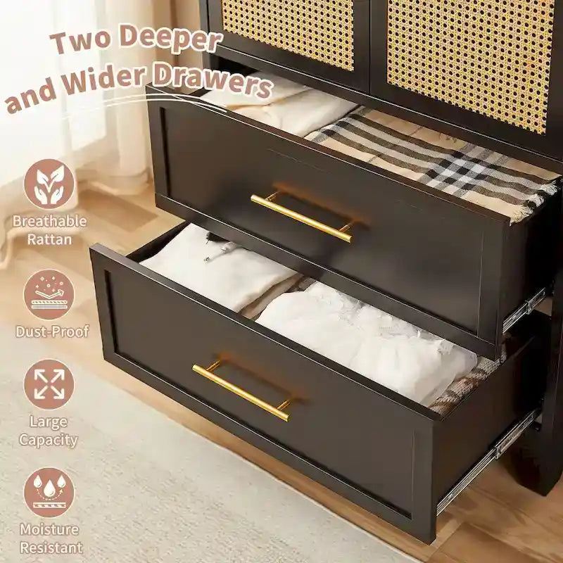 Armadio con cassetti e asta appendiabiti in rattan bianco/nero – Singolo
