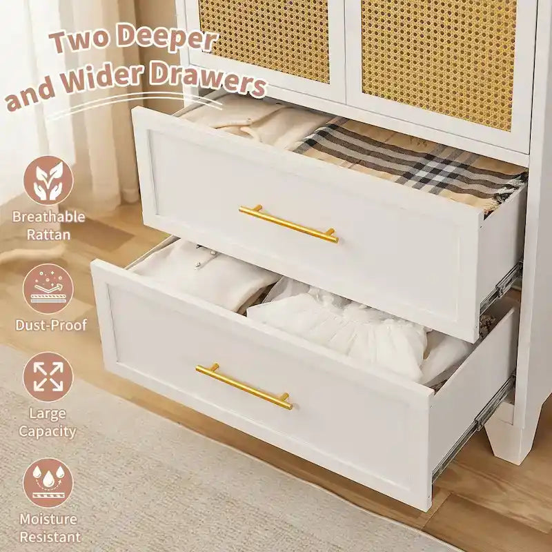 Armadio con cassetti e asta appendiabiti in rattan bianco/nero – Singolo