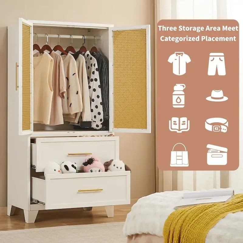 Armadio con cassetti e asta appendiabiti in rattan bianco/nero – Singolo