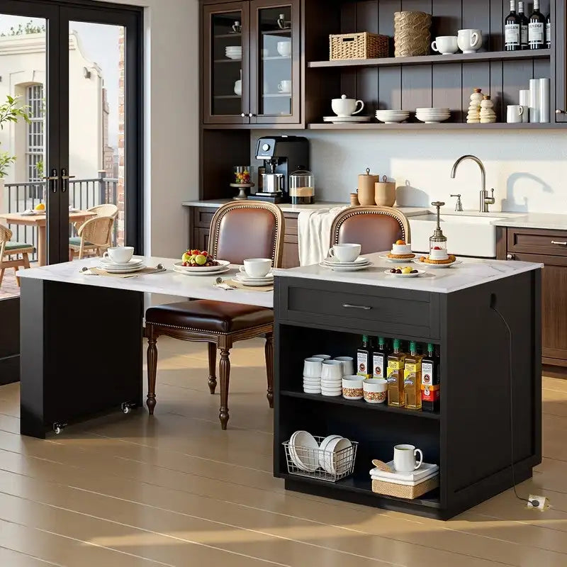Isola da Cucina Bianca e Nera con Tavolo Allungabile, 2-6 Posti