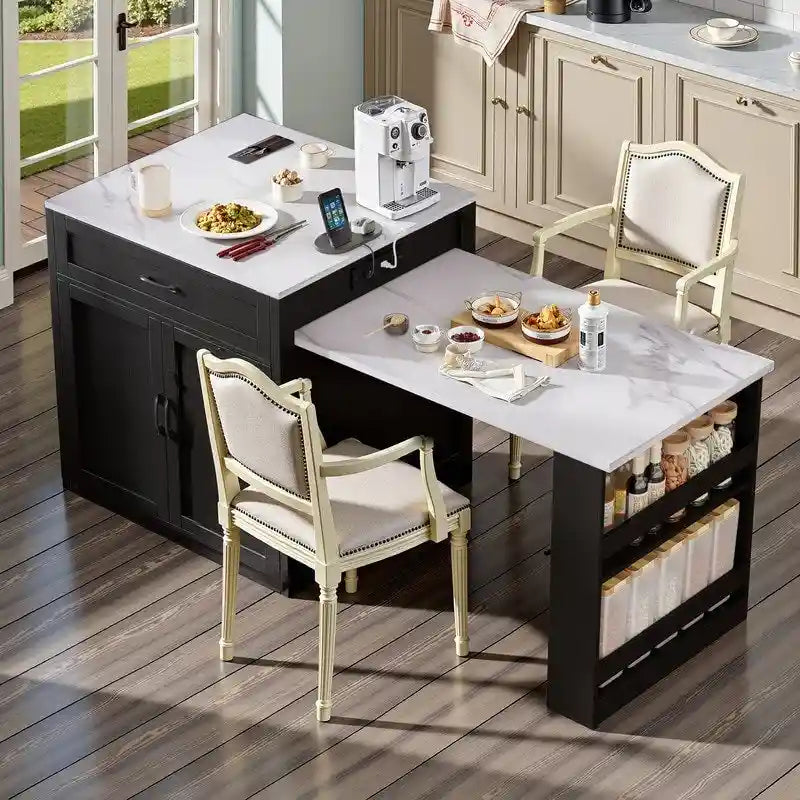 Isola da Cucina Bianca e Nera con Tavolo Allungabile, 2-6 Posti