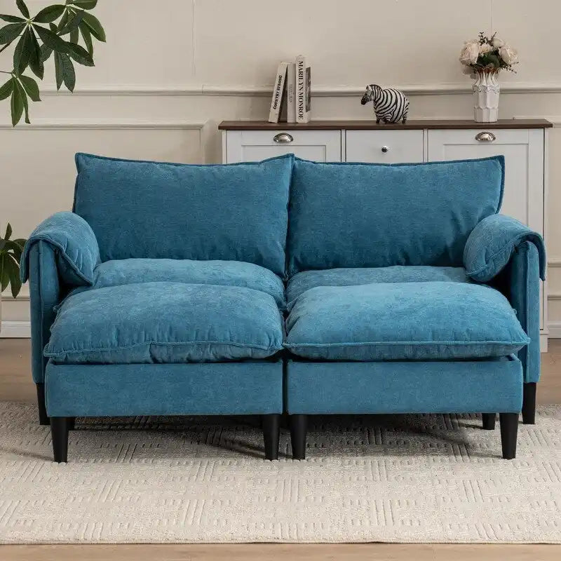 Divano Modulare Convertibile, 2 Posti con Pouf Contenitore (Blu/Grigio/Beige)