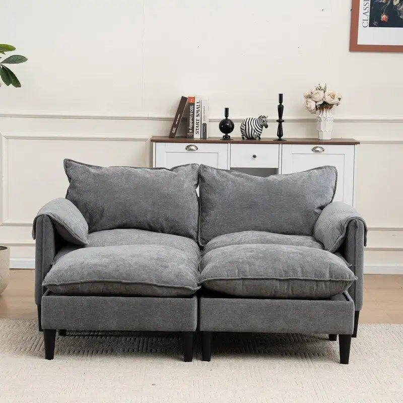 Divano Modulare Convertibile, 2 Posti con Pouf Contenitore (Blu/Grigio/Beige)
