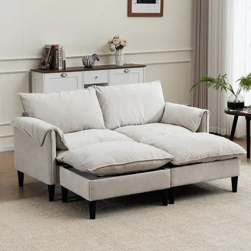 Divano Modulare Convertibile, 2 Posti con Pouf Contenitore (Blu/Grigio/Beige)