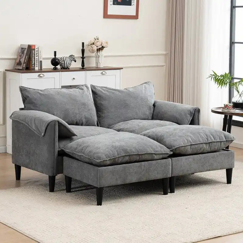 Divano Modulare Convertibile, 2 Posti con Pouf Contenitore (Blu/Grigio/Beige)