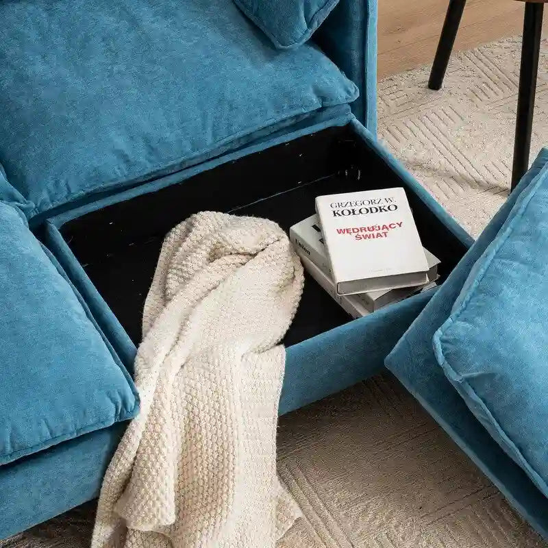 Divano Modulare Convertibile, 2 Posti con Pouf Contenitore (Blu/Grigio/Beige)