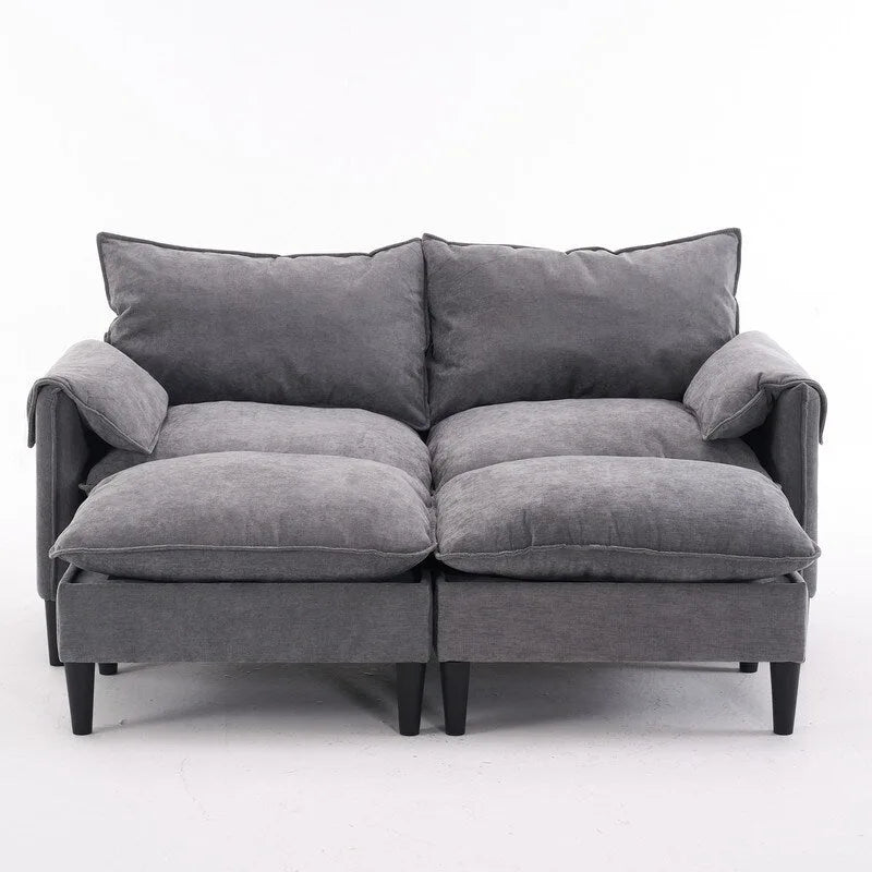 Divano Modulare Convertibile, 2 Posti con Pouf Contenitore (Blu/Grigio/Beige)