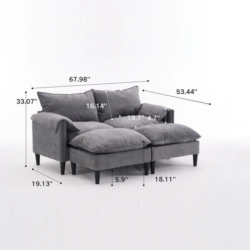 Divano Modulare Convertibile, 2 Posti con Pouf Contenitore (Blu/Grigio/Beige)