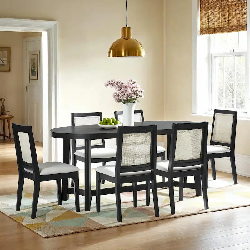 Tavolo da pranzo ovale in rovere bianco/nero con gambe oblique, 6 posti a sedere