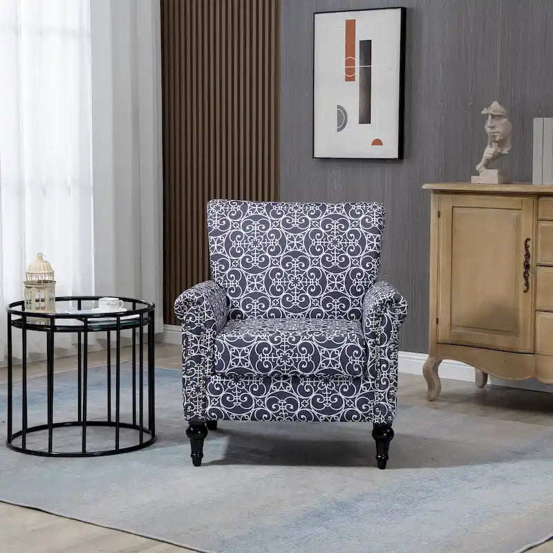 Poltrona con braccioli di metà secolo blu navy/verde/beige/grigia, schienale capitonné e gambe in legno, 1 posto