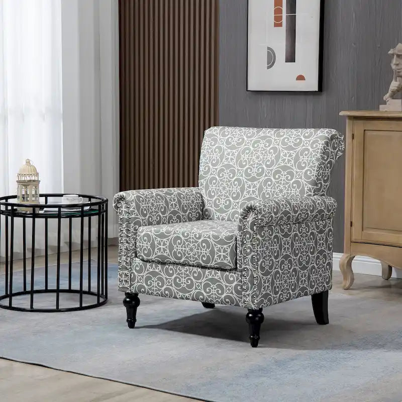 Poltrona con braccioli di metà secolo blu navy/verde/beige/grigia, schienale capitonné e gambe in legno, 1 posto