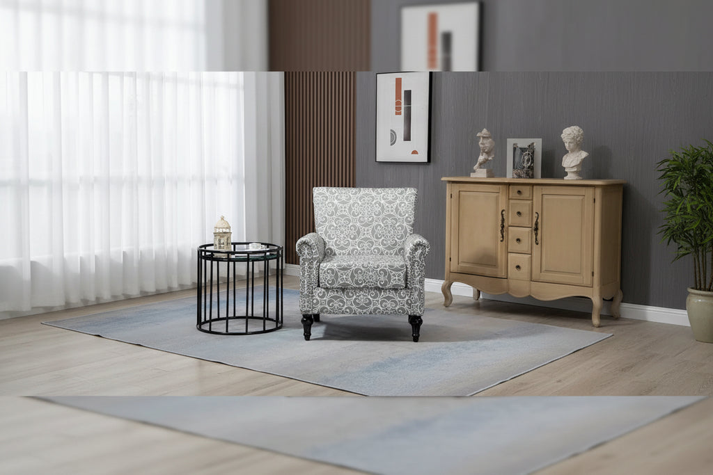 Poltrona con braccioli di metà secolo blu navy/verde/beige/grigia, schienale capitonné e gambe in legno, 1 posto