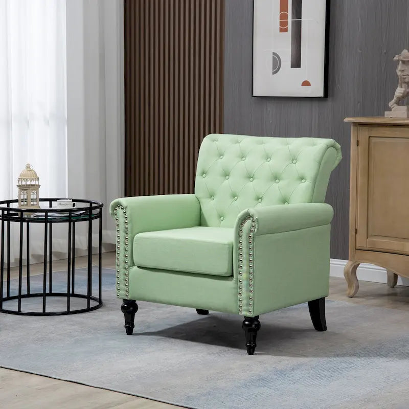 Poltrona con braccioli di metà secolo blu navy/verde/beige/grigia, schienale capitonné e gambe in legno, 1 posto