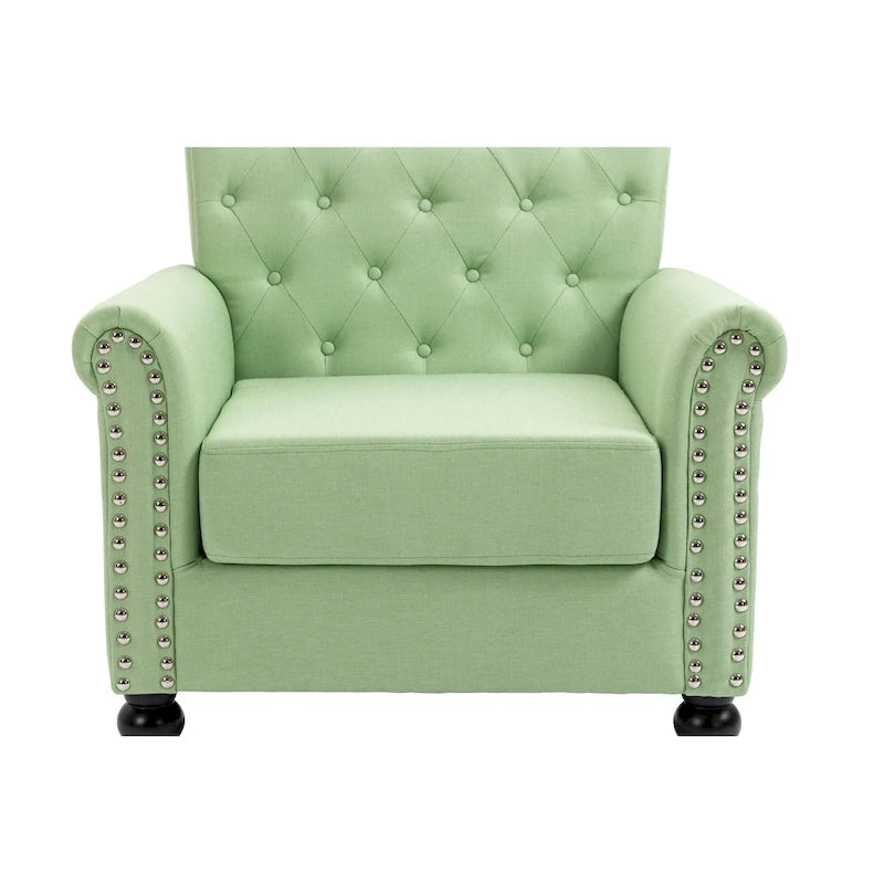 Poltrona con braccioli di metà secolo blu navy/verde/beige/grigia, schienale capitonné e gambe in legno, 1 posto