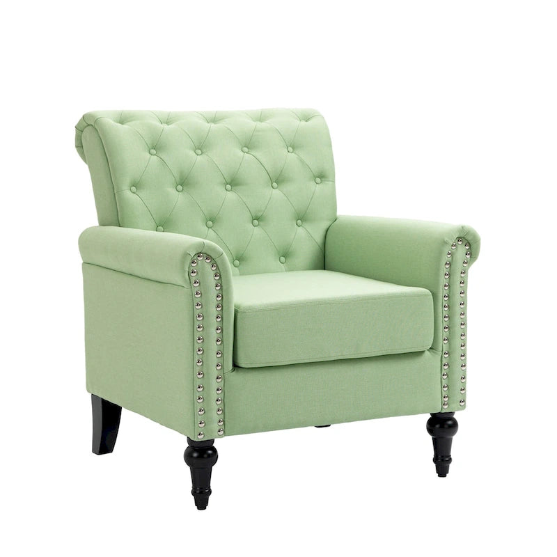 Poltrona con braccioli di metà secolo blu navy/verde/beige/grigia, schienale capitonné e gambe in legno, 1 posto