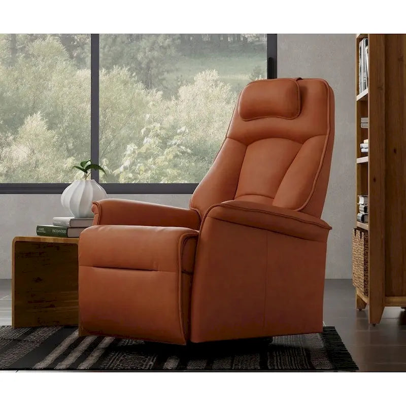 Reclinabile a dondolo singolo con rivestimento in pelle pieno fiore Safari, colore Whiskey/Latte, reclinazione elettrica