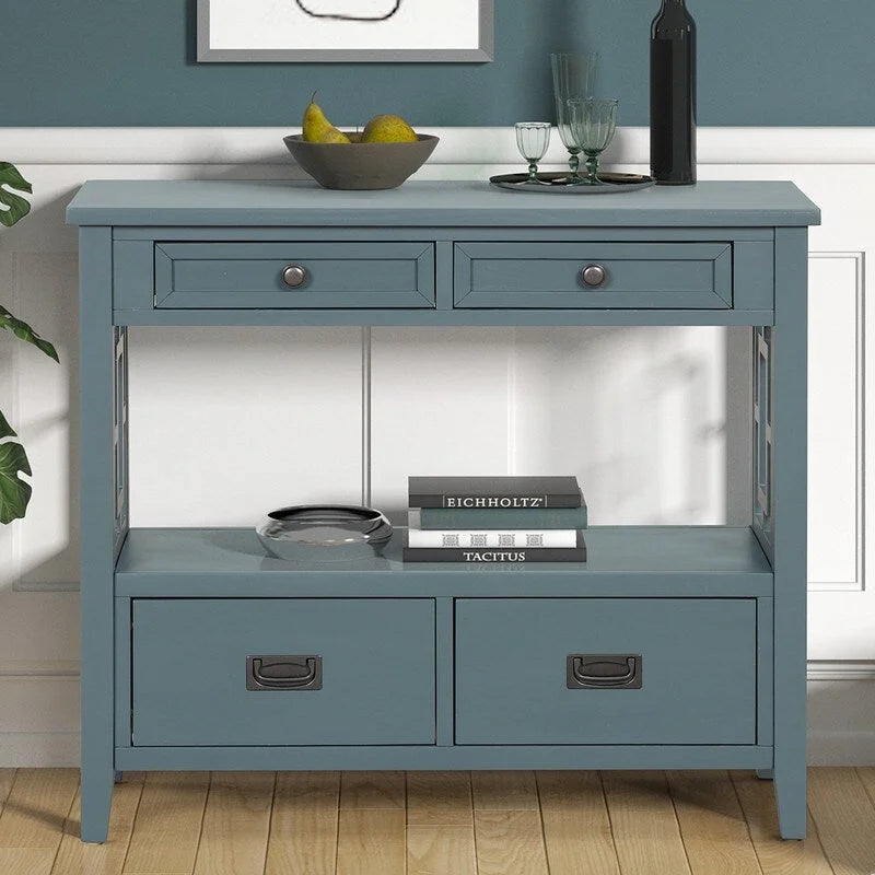 Tavolo Consolle Vintage con 4 Cassetti e 1 Ripiano – Bianco Antico / Marrone / Blu / Verde, Pino Massiccio, Uso per 1 Persona