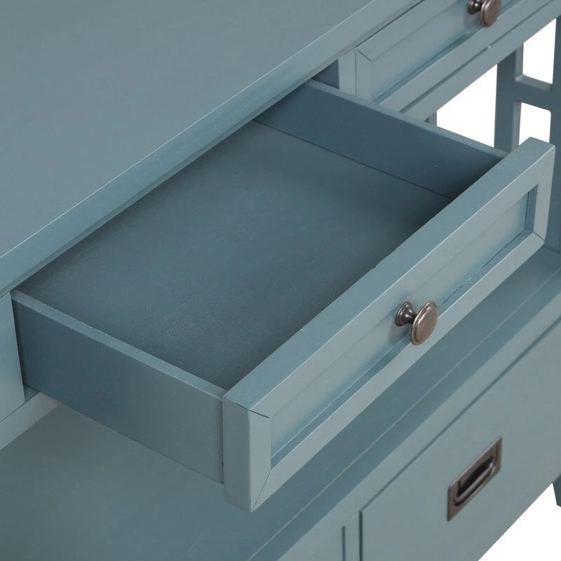 Tavolo Consolle Vintage con 4 Cassetti e 1 Ripiano – Bianco Antico / Marrone / Blu / Verde, Pino Massiccio, Uso per 1 Persona