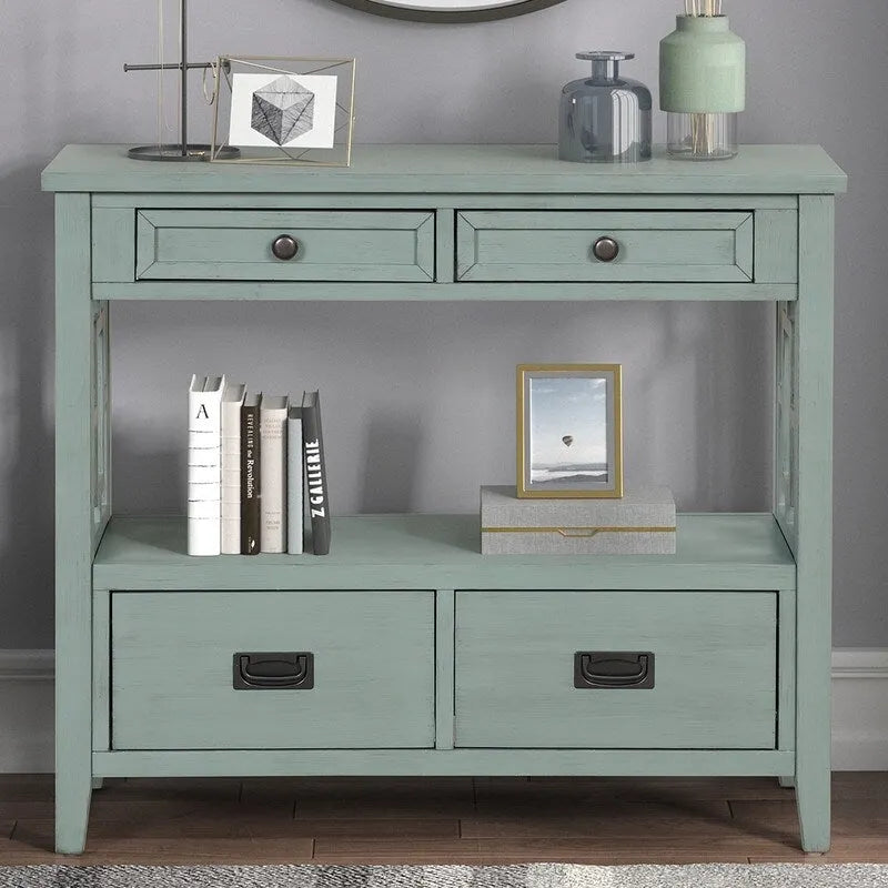 Tavolo Consolle Vintage con 4 Cassetti e 1 Ripiano – Bianco Antico / Marrone / Blu / Verde, Pino Massiccio, Uso per 1 Persona