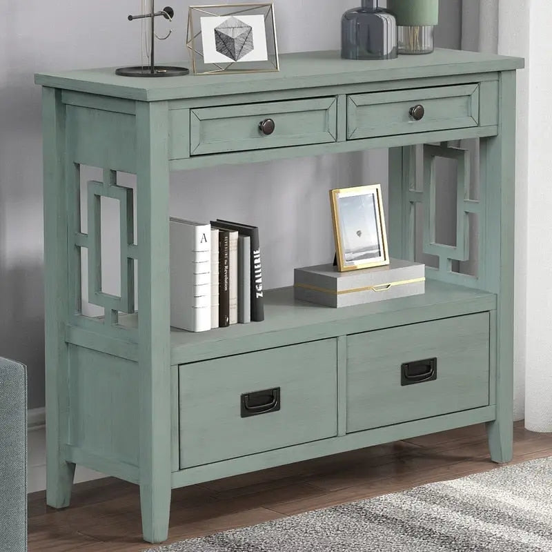 Tavolo Consolle Vintage con 4 Cassetti e 1 Ripiano – Bianco Antico / Marrone / Blu / Verde, Pino Massiccio, Uso per 1 Persona