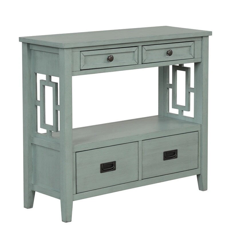 Tavolo Consolle Vintage con 4 Cassetti e 1 Ripiano – Bianco Antico / Marrone / Blu / Verde, Pino Massiccio, Uso per 1 Persona