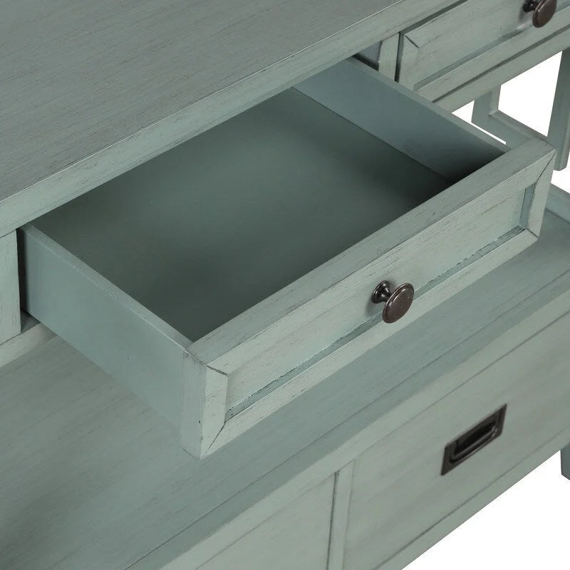 Tavolo Consolle Vintage con 4 Cassetti e 1 Ripiano – Bianco Antico / Marrone / Blu / Verde, Pino Massiccio, Uso per 1 Persona