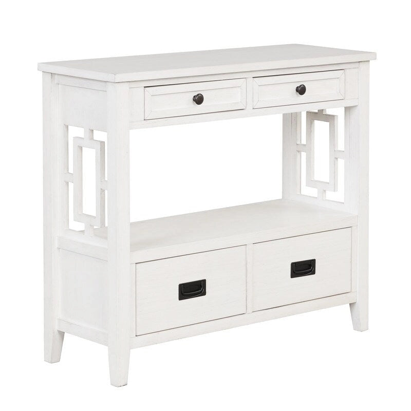 Tavolo Consolle Vintage con 4 Cassetti e 1 Ripiano – Bianco Antico / Marrone / Blu / Verde, Pino Massiccio, Uso per 1 Persona