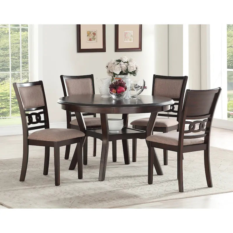 Set da pranzo rotondo, 5 pezzi, 4 posti, Beige/Ciliegio e Grigio chiaro/Grigio