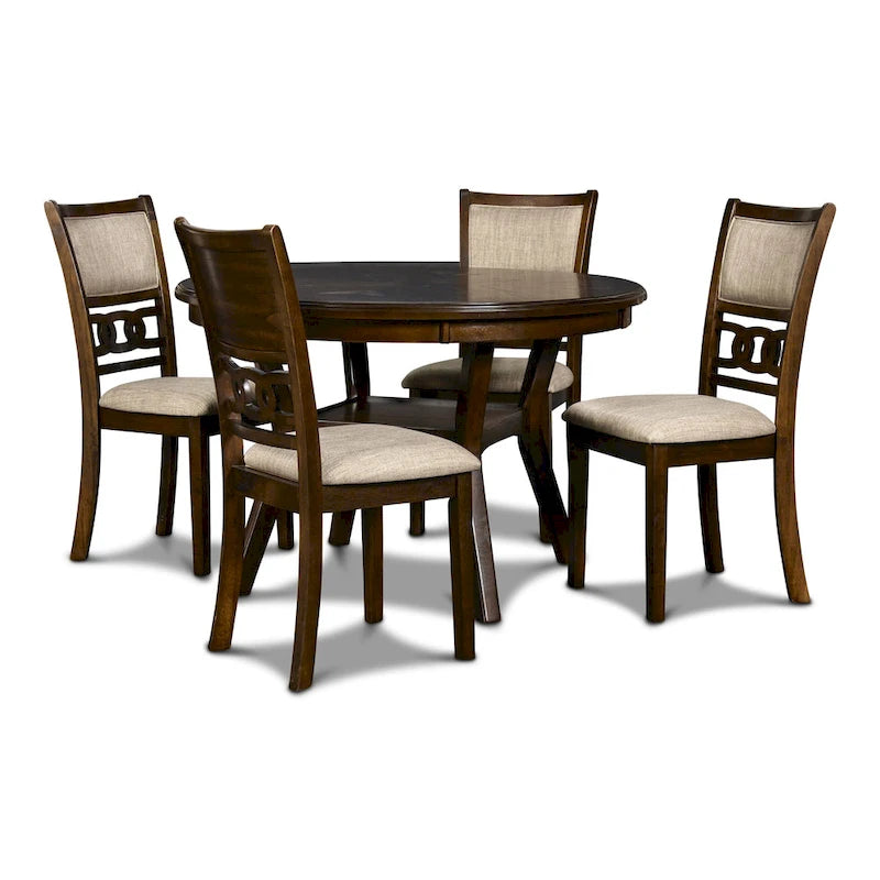 Set da pranzo rotondo, 5 pezzi, 4 posti, Beige/Ciliegio e Grigio chiaro/Grigio