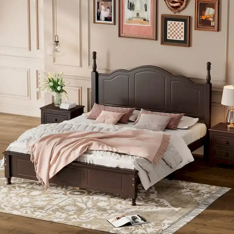 Marrone Scuro / Bianco, Stile Retrò, Struttura Letto a Piattaforma Queen/Full per 2, Non Richiede Rete a Molle