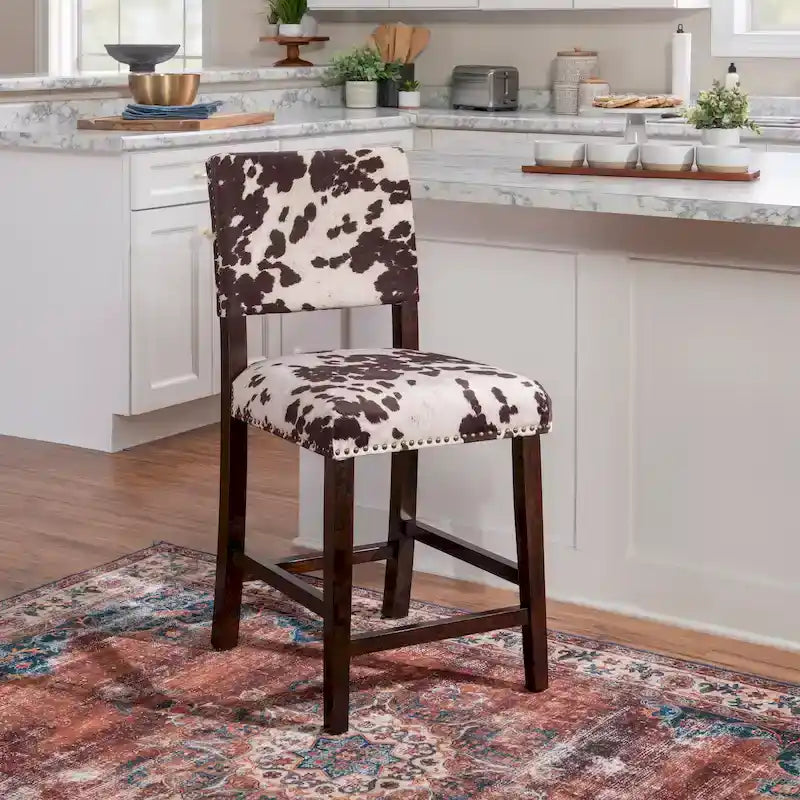 Sgabello da bancone in stile rustico con stampa mucca marrone – Gambe in legno espresso, 1 posto