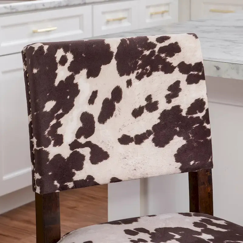 Sgabello da bancone in stile rustico con stampa mucca marrone – Gambe in legno espresso, 1 posto