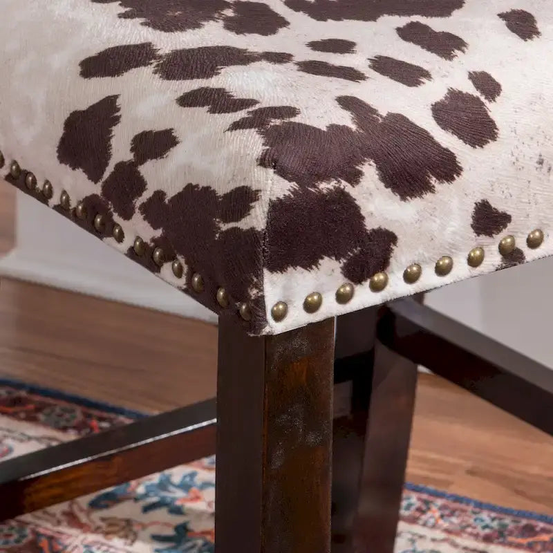 Sgabello da bancone in stile rustico con stampa mucca marrone – Gambe in legno espresso, 1 posto