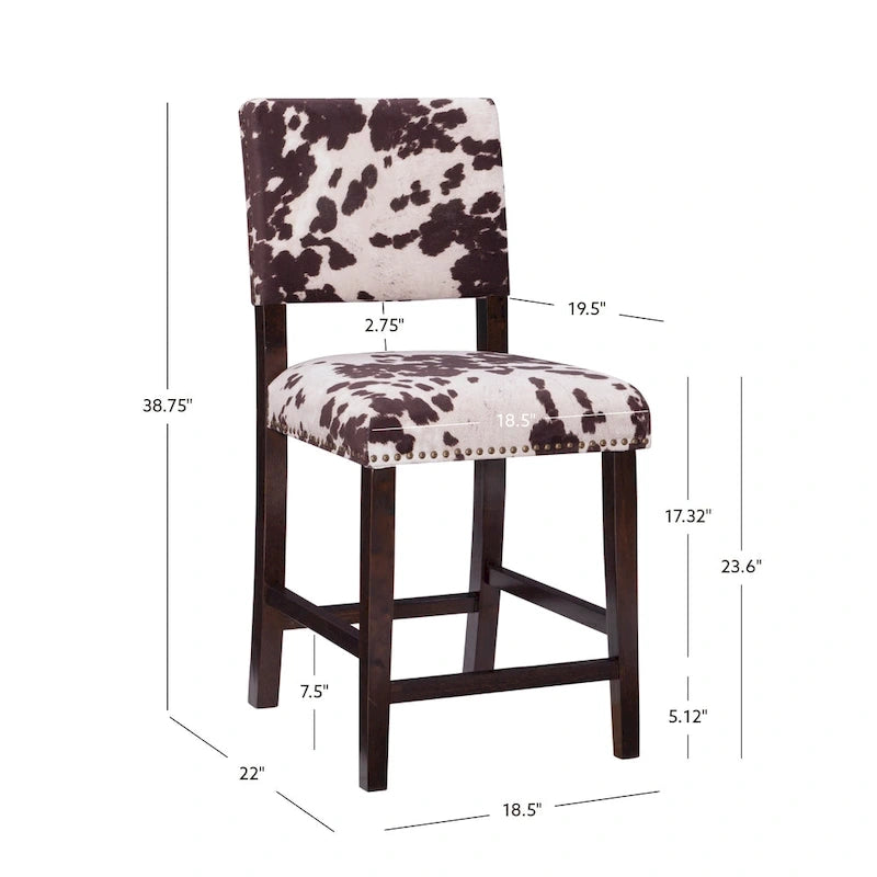 Sgabello da bancone in stile rustico con stampa mucca marrone – Gambe in legno espresso, 1 posto