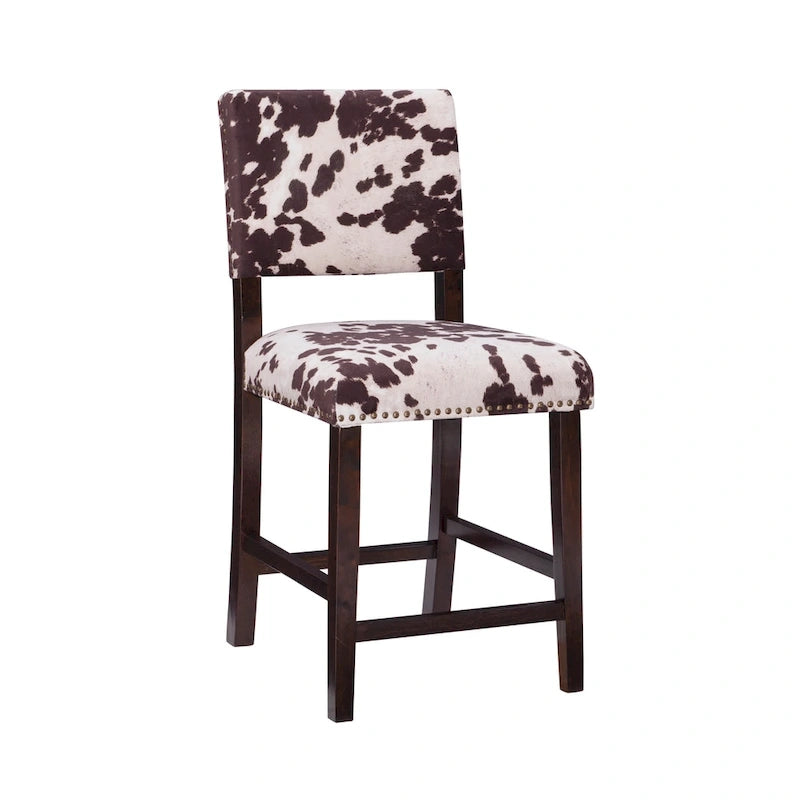Sgabello da bancone in stile rustico con stampa mucca marrone – Gambe in legno espresso, 1 posto