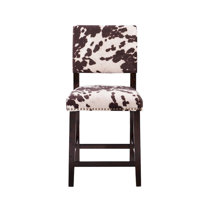 Sgabello da bancone in stile rustico con stampa mucca marrone – Gambe in legno espresso, 1 posto
