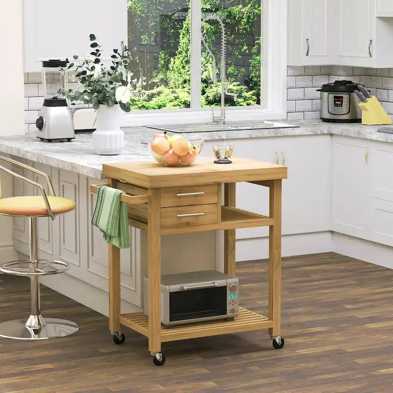 Carrello da Cucina Portatile in Bambù Naturale Stile Vintage con Piano in Legno