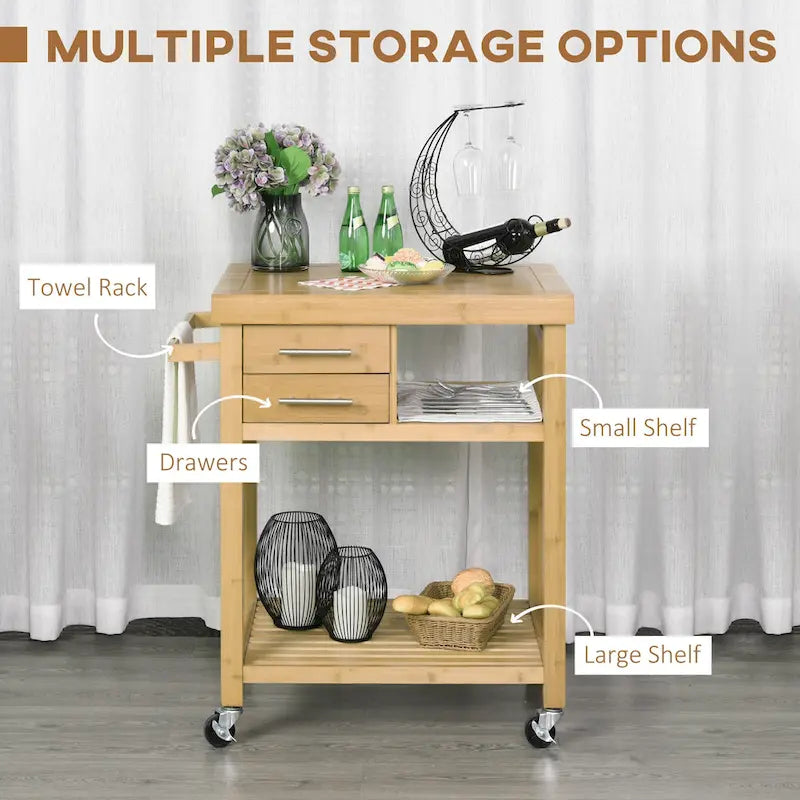 Carrello da Cucina Portatile in Bambù Naturale Stile Vintage con Piano in Legno