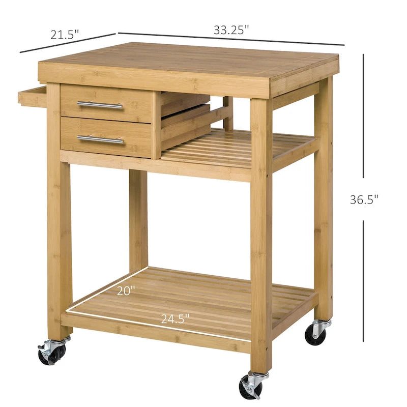 Carrello da Cucina Portatile in Bambù Naturale Stile Vintage con Piano in Legno