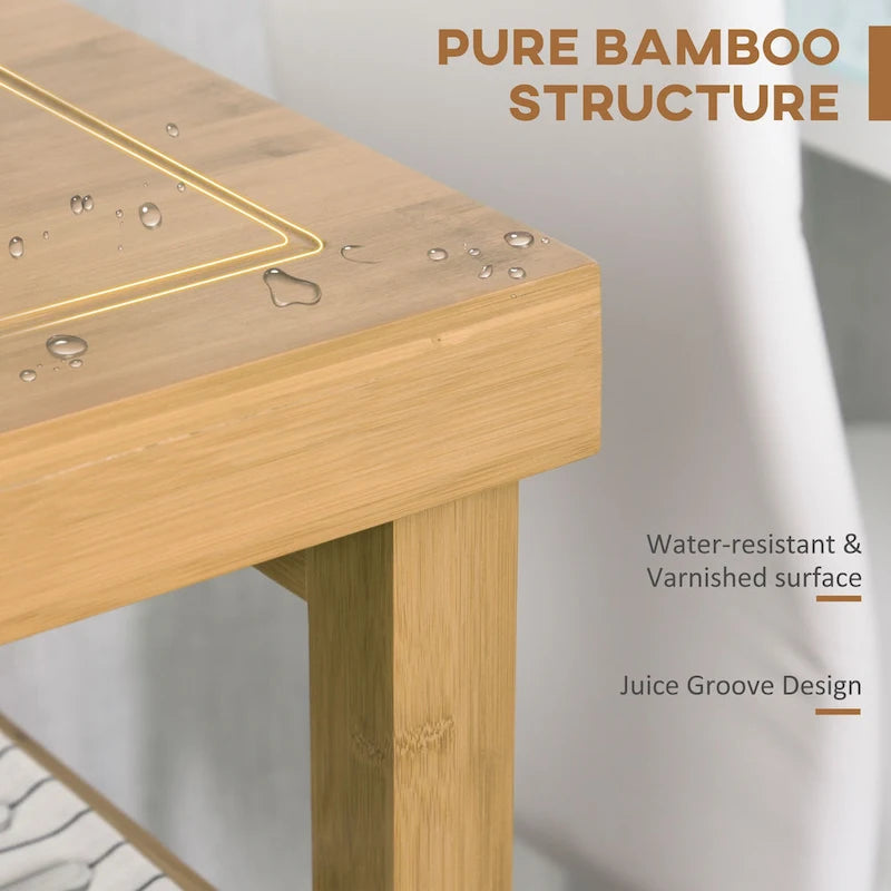 Carrello da Cucina Portatile in Bambù Naturale Stile Vintage con Piano in Legno