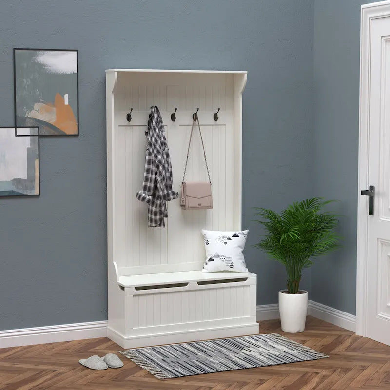 HOMCOM 71 3-In-1 Hall Tree Storage Bench and Coat Rack with 5 Steel Double Hooks, and Anti-Topple Anchor for Entryway