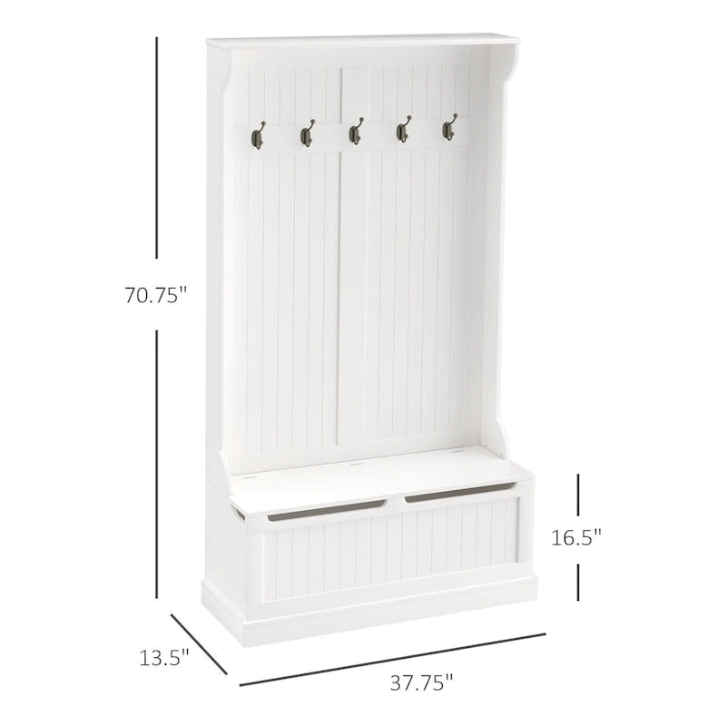 Appendiabiti/Mobiletto da ingresso bianco crema con panca contenitore e 5 ganci doppi, per 1 persona