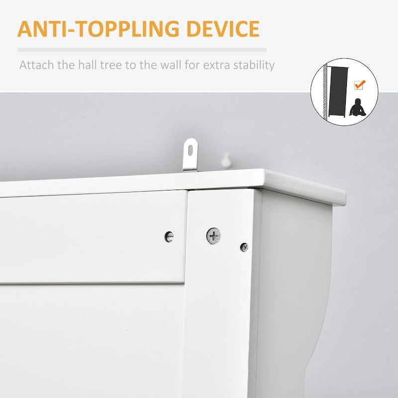Appendiabiti/Mobiletto da ingresso bianco crema con panca contenitore e 5 ganci doppi, per 1 persona